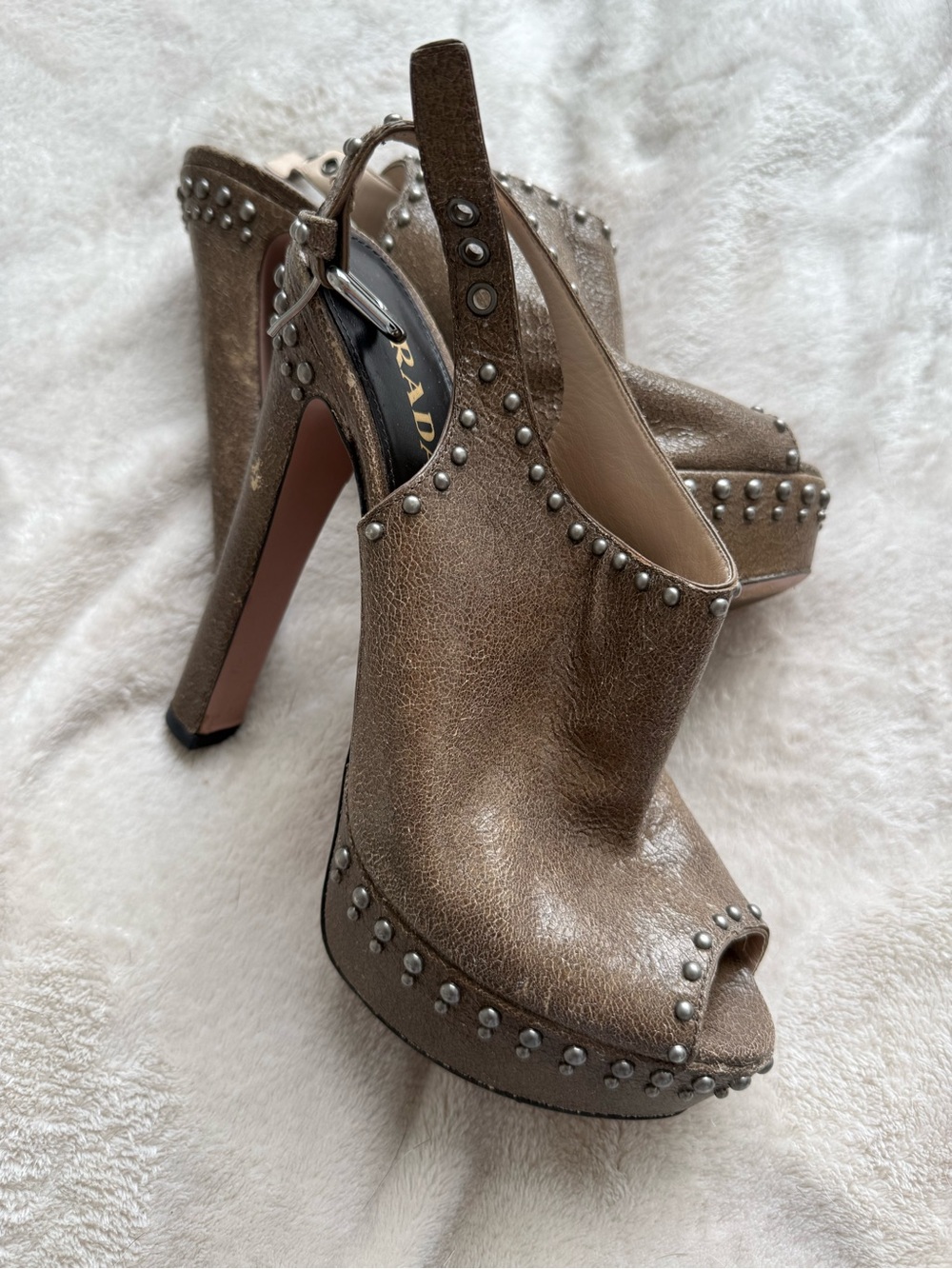 Prada Metallic Taupe Studded Peep-Toe Slingback Heels - Picture 5 of 6